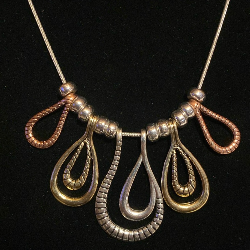 Silver Tone & Rose Gold Teardrop Statement Necklace Bracelet Set 11”